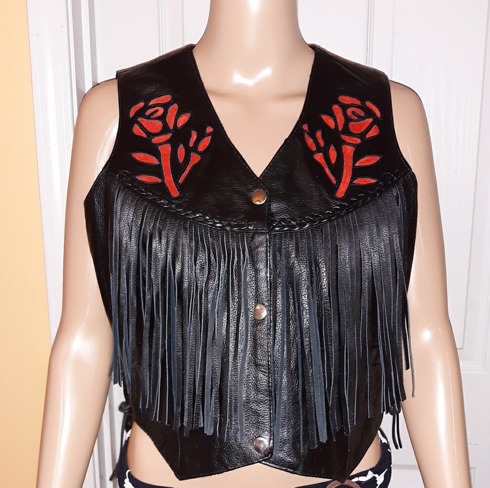 Leather Gallery black and red fringed vest
